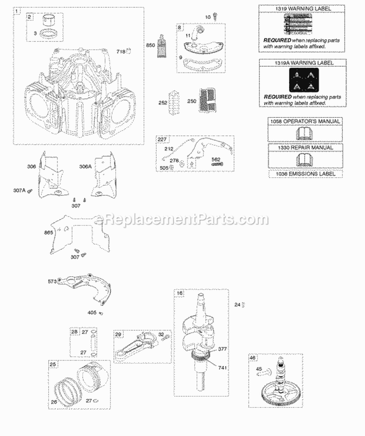 Cylinder Crankshaft Camshaft Air Guides Piston Ring Connecting Rod Diagram and Parts List for  Briggs and Stratton Engine